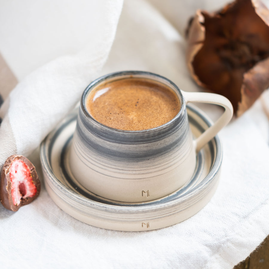 MIDNIGHT STONEWARE TURKISH COFFEE CUP AND PLATE