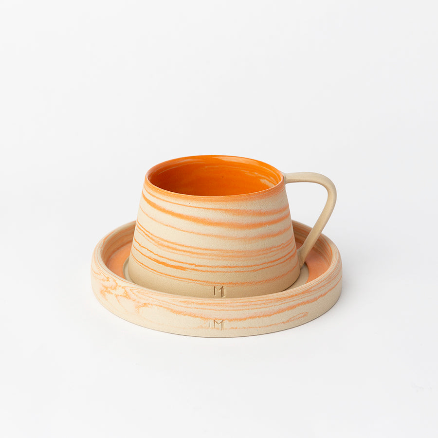 FLAME STONEWARE TURKISH COFFEE CUP AND PLATE