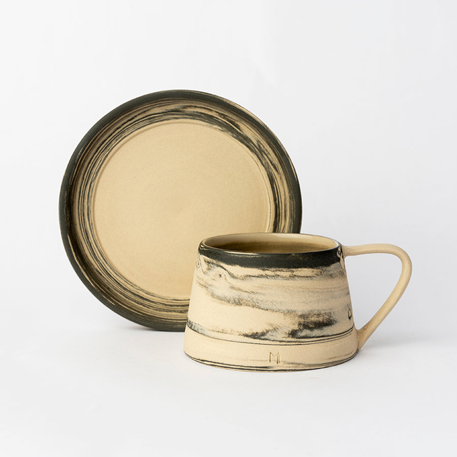 MIDNIGHT STONEWARE TURKISH COFFEE CUP AND PLATE